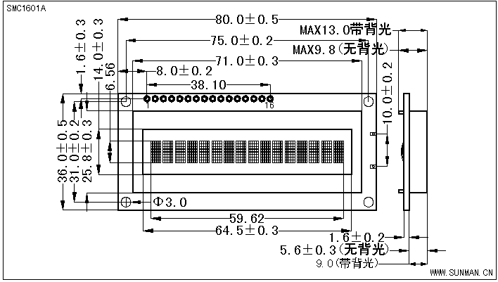 SMC1601A标准字符型液晶显示模块(LCM)的示意图片