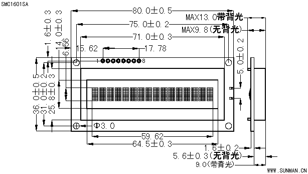 SMC1601SA三线式串行接口标准字符型液晶显示模块(LCM)的示意图片