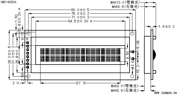SMC1602SA三线式串行接口标准字符型液晶显示模块(LCM)的示意图片