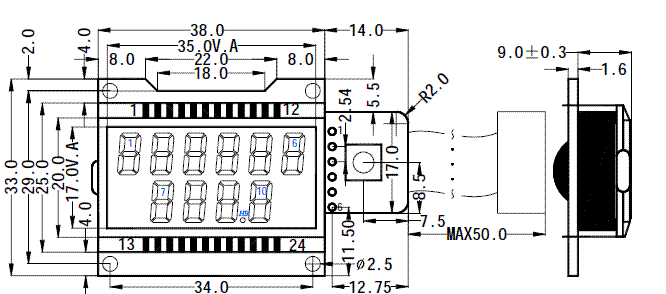 SMS1020D标准段式液晶模块(LCM)的示意图片